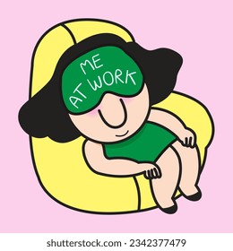 A Sleeping Woman Lying On Sofa With A Funny Sleeping Mask That Sayings Me At Work Over Her Eyes. Rest And Relax Concept Card Character illustration.