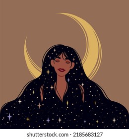 Mujer durmiendo y luna detrás.  Mujer de cabello largo adornada con estrellas. Ilustración sobre el sueño, buen sueño, noche estrellada, magia, tranquilidad, calma, esotérica.