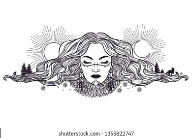 Sleeping woman with Moon And Sun in her hair. Vector hand drawn black & white illustration