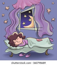 sleeping woman near an open window, in the window you can see stars and the moon, vector illustration, contain elements of transparency and contour feather