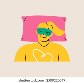 Mujer durmiente. Dormir sobre una almohada. Máscara de sueño. Ilustración vectorial colorida
