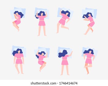 Sleeping woman poses set . Girl relaxing body comfortable posture back correct posture couch relaxation spine vector soft comfortable night clipart sleep.