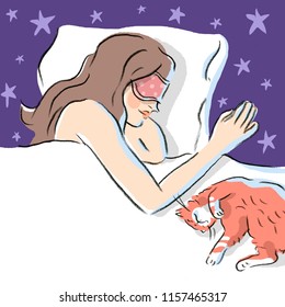 Sleeping woman with red cat, night, cats, sleep, lifestyle