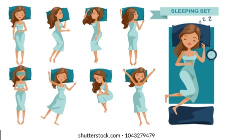 Sleeping woman set. Many views of sleep. Front, side, rear, top. lie on the tummy, Sleep on one's side, lie supine, Beautiful cartoon women Cute girl in pajamas Vector illustrations isolated  