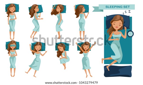 寝ている女性セット 睡眠に対する考え方が多い 前 横 後 上 おなかに横になり 横に寝 背臥位になる 美しい漫画の女性パジャマを着たかわいい 女の子ベクターイラスト のベクター画像素材 ロイヤリティフリー