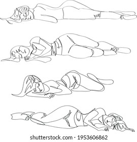 sleeping woman set one line drawing vector illustration