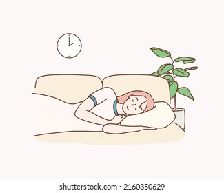 Sleeping woman taking nap on the sofa during the day. Hand drawn style vector design illustrations.