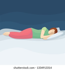 Sleeping woman vector illustration. Woman sleeping in bed. 
Lady sleeping at night.