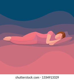Sleeping woman vector illustration. Woman sleeping in bed. 
Lady sleeping at night.