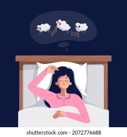 Sleeping woman vector illustration. Cute sleepy girl lying in the bed under soft duvet, having a good dream. Dream cloud with sheep. Sleep tight, sweet dreams, fast asleep concept for web. Flat design