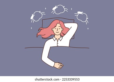 Sleeping woman vector illustration. Cute sleepy girl lying in the bed under soft duvet, having a good dream. Dream cloud with sheep. Sleep tight, sweet dreams, fast asleep concept for web. 