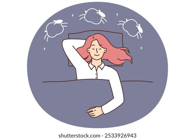 Ilustração vetorial de mulher dormindo. Menina adormecida bonita deitada na cama sob edredão macio, tendo um bom sonho. Nuvem de sonho com ovelha. Sono apertado, sonhos doces, conceito de sono rápido para web.