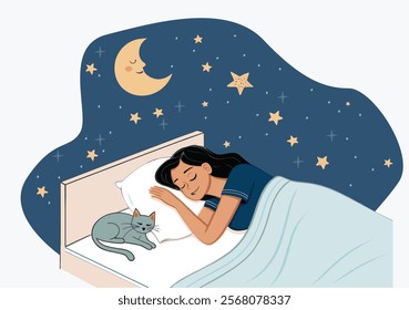 Sleeping woman vector illustration. Cute sleepy girl lying with cat sleep in bed under duvet. Woman character in dream, flat graphic dreaming or harmony concept. 