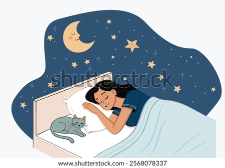 Sleeping woman vector illustration. Cute sleepy girl lying with cat sleep in bed under duvet. Woman character in dream, flat graphic dreaming or harmony concept. 