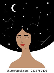 Sleeping woman vector illustration on isolated white background. Character with long hair, decorated with moon, stars, constellations, flat illustration about sleep, magic, horoscope, lifestyle health