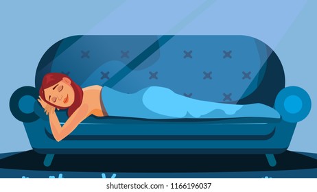 Sleeping Woman Vector. Lying In Bed. Nightmare. Flat Cartoon Illustration
