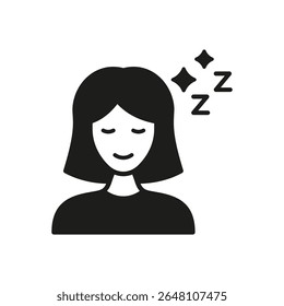 Sleeping Woman With Zzz Solid Icon. Rest, Relaxation, And Sleep Silhouette Symbol. Peaceful Slumber And Nighttime Illustration. Isolated Vector Illustration.