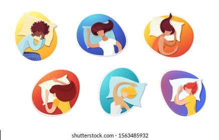 Sleeping women flat illustrations set. Female sleepers cartoon characters. Asleep girls with pillows portraits in circles color drawings. Different poses, body comfortable positions pack