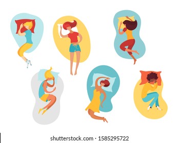 Sleeping women flat illustrations set. Female sleepers cartoon characters. Asleep girls with pillows portraits in shapes color drawings. Different poses, body comfortable positions pack
