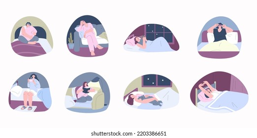 Sleeping Women. Sweet Sleeping And Woman Awake. Asleep Youn Girl, Tired Businesswoman. Relaxed Or Rest In Bed, Serenity Night And Insomnia Kicky Vector Scenes