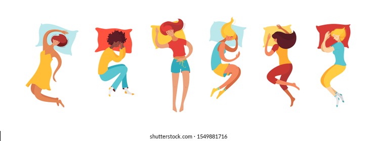 Sleeping women vector flat illustrations set. Female sleepers on pillows cartoon characters isolated on white background. Bedtime, relaxation concept. Different sleeping poses, body positions