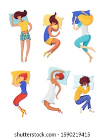 Sleeping women vector illustrations set. Female sleepers on pillows cartoon characters isolated on white background. Different sleeping poses, body positions. Bedtime, relaxation concept