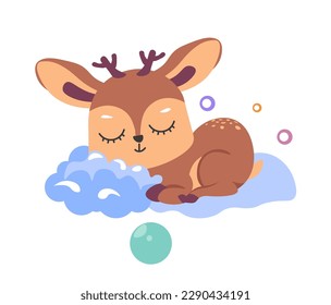 Sleeping woodland deer animal character, isolated resting personage with sleepy muzzle. Cute mammal on soft fluffy clouds, sweet dreams and relax. Nursery or children theme. Vector in flat style