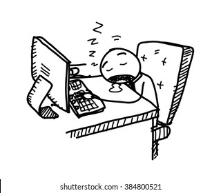 Sleeping At Work, a hand drawn vector doodle illustration of a stick figure sleeping at work.