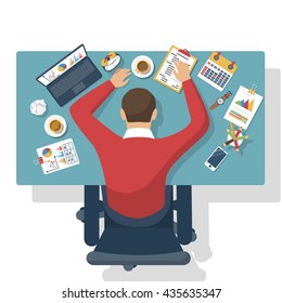 Sleeping at work. Tired business man. Top view of the desktop, with office supplies, laptop and sleeping worker. Flat style design vector illustration. Exhausted office worker.