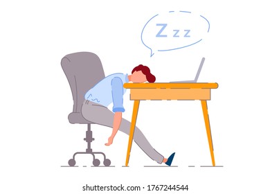 Sleeping worker. Isolated exhausted worker cartoon character lying on office desk and sleeping. Vector tired overworked business man person resting at work