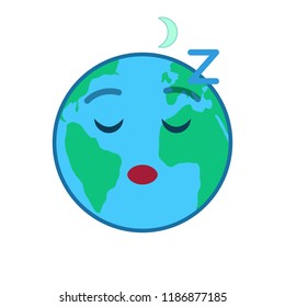 Sleeping world globe isolated emoticon. Relaxing blue planet emoji. Social communication and weather widget. Tired face showing facial emotion. Funny earth icon. Weather forecast vector element