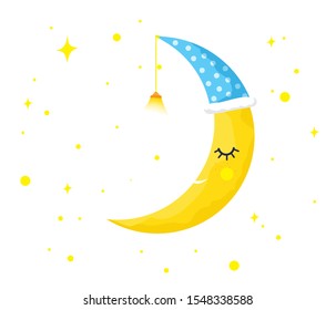 Sleeping Yellow Moon With Stars. Sleeping Moon Isolated. Vector Icon. Face Of Cute Yellow Moon.