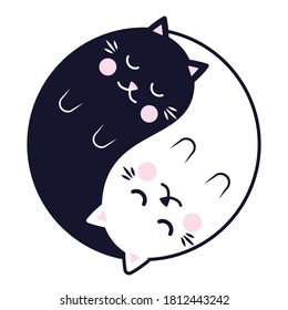 Durmiendo Gatos Yin Yang. Gatos blancos y negros en círculo de yinyang. Ilustración del vector