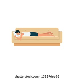 A Sleeping Young Brunette Man Is Lying On The Sofa Or Couch On His Stomach With A Pillow Under His Head, Isolated Vector Flat Illustration On A White Background.