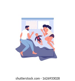 Sleeping young family at home, parents and little baby. Top view composition. Vector illustration.