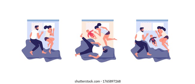Sleeping young family at home, parents and little baby. Top view composition. Vector illustration.