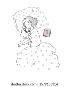 Sleeping young girl and a cute pug. Cartoon woman and cute puppy. Pillow and blanket.  Vector illustration.