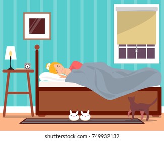 Sleeping young girl vector illustration. Beautiful girl having sweet dreams while sleeping in bed and pet cat coming to awake her from deep sleep in the morning. Bedroom interior. Flat style design.