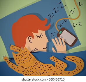 Sleeping young man with cat color. Color vector illustration. EPS8