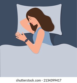 Sleeping young woman control quality and quantity of sleep. A girl sleeps with a smart watch on her hand. Night rest, relaxation concept. Vector illustration in flat style