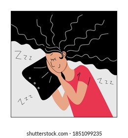 Sleeping young woman with pillow and hand under her cheek. Concept of tranquility and relaxation. Girl character for web design. Avatar for social media user icon. Stock vector illustration isolated.