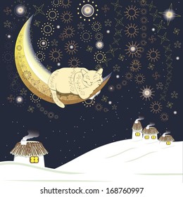 Sleeping zentangle cat on the moon over Ukrainian village in winter,  contains brushes