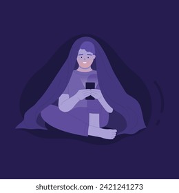 Sleepless boy using smartphone. Teenager suffering from insomnia cartoon vector illustration