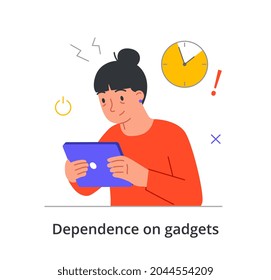 Sleepless female character is suffering from gadget dependence on white background. Concept of people hurting themselves from unhealthy habits with serious problems. Flat cartoon vector illustration
