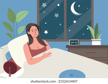 Sleepless female concept. Girl with displeased face lies bed and looks at stars and moon. Psychological and sleep problems, insomnia. Frustration and depression. Cartoon flat vector illustration
