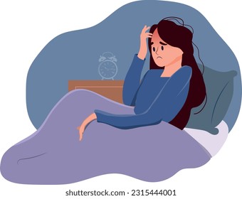 Mujer sin dormir sentada en la cama por la noche. La joven se enoja despertando por la noche. Concepto de sufrimiento por insomnio, dolor de cabeza, depresión, estrés y problemas de salud mental. Ilustración vectorial Fla