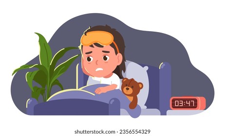 Niña sin dormir con problemas de insomnio. Niña cansada que sufre de estrés sentada en la cama por la noche. Trastorno por insomnio, problemas de salud por ansiedad, concepto de pesadilla ilustración vectorial plana