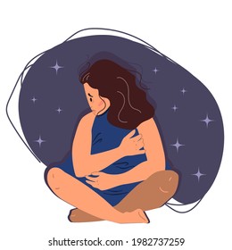 Sleepless girl sitting on the floor and hugging pillow. Woman suffers from insomnia. Flat vector illustration in cartoon style.