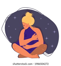 Sleepless girl sitting on the floor and hugging pillow. Woman suffers from insomnia. Flat vector illustration in cartoon style.