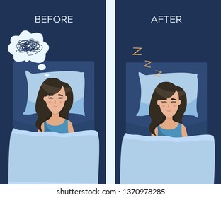 Sleepless girl suffers from insomnia and nightmare. Vector flat before/after illustration in cartoon style